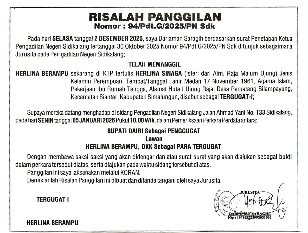 Relaas Panggilan Umum Nomor 94/Pdt.G/2025/PN Sdk